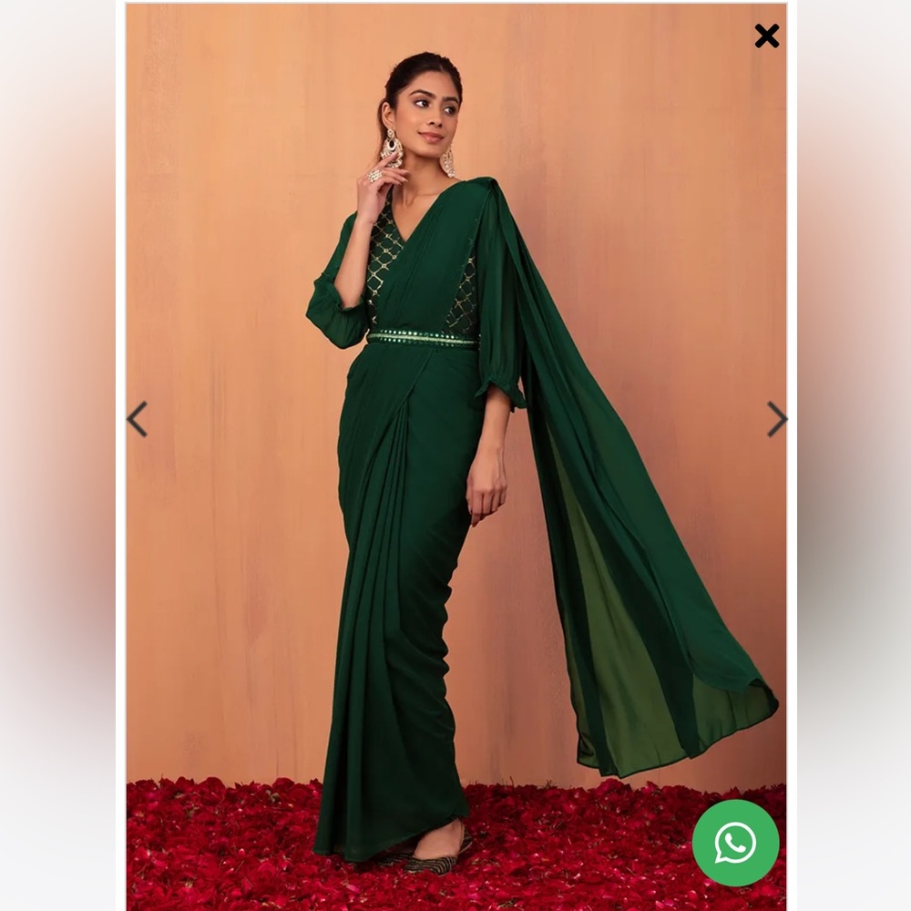 Dark Green Pre-Stitched Saree With Attached Embroidered Blouse & Belt (set of 2)